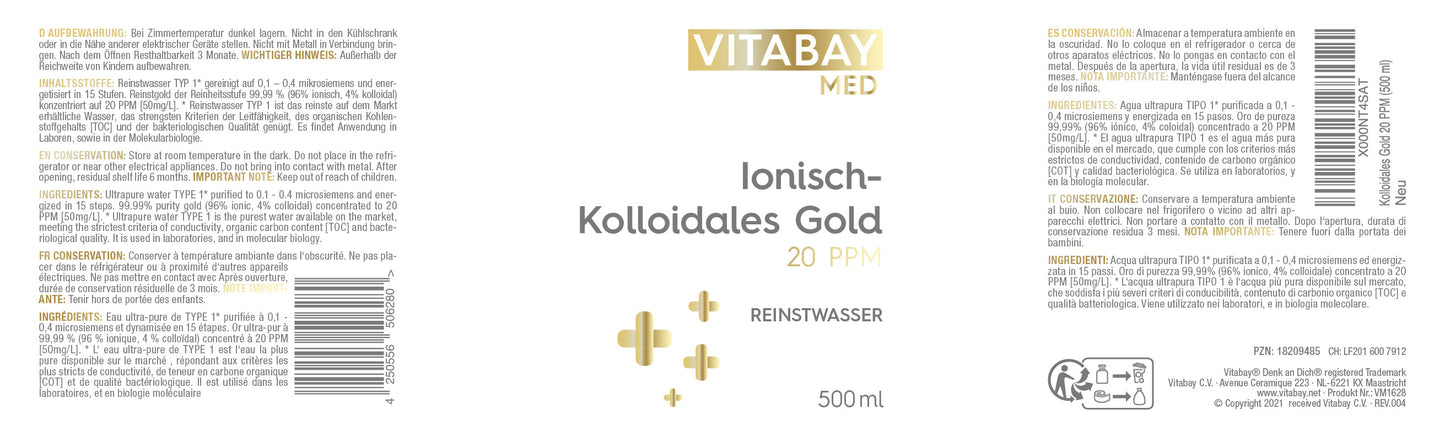 Kolloidales Gold 20 PPM - Reinheitsstufe 99,99% - 500 ml